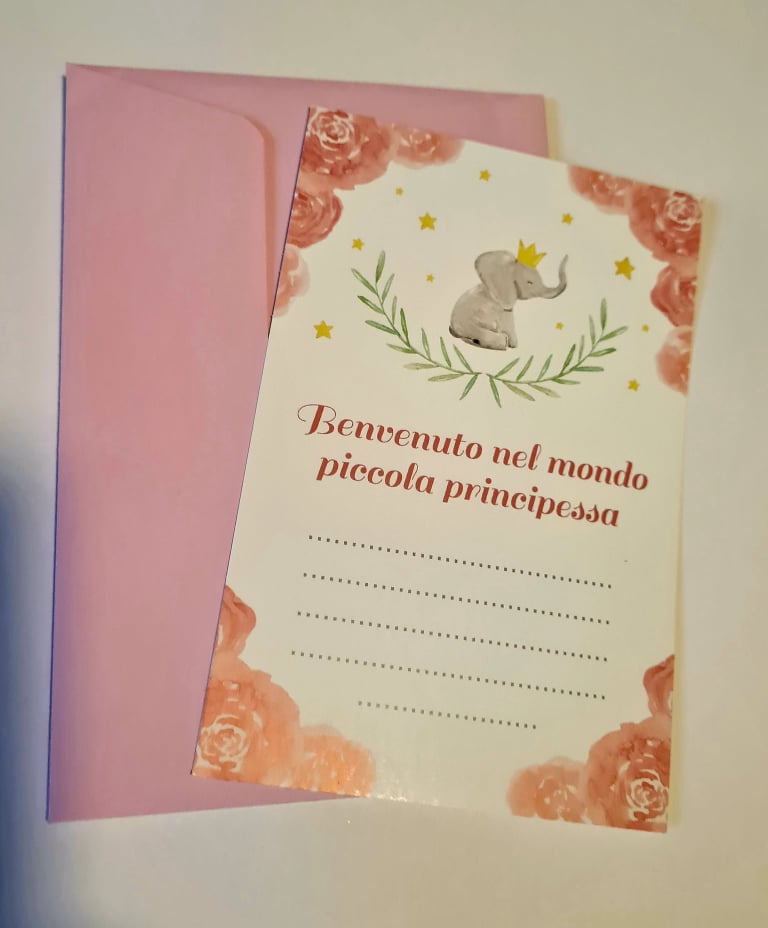 Biglietto auguri nascita con busta in colori abbinati rosa/celeste/grigio